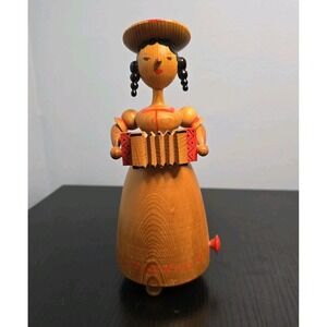 Vintage Reuge Erzgebirge Music Box Wood Carved Girl Accordion Silent Night Swiss